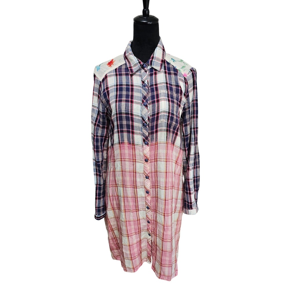 Philosophy Shirt Dress Womens S Pink Navy Plaid Embroidered Boho Good Condition